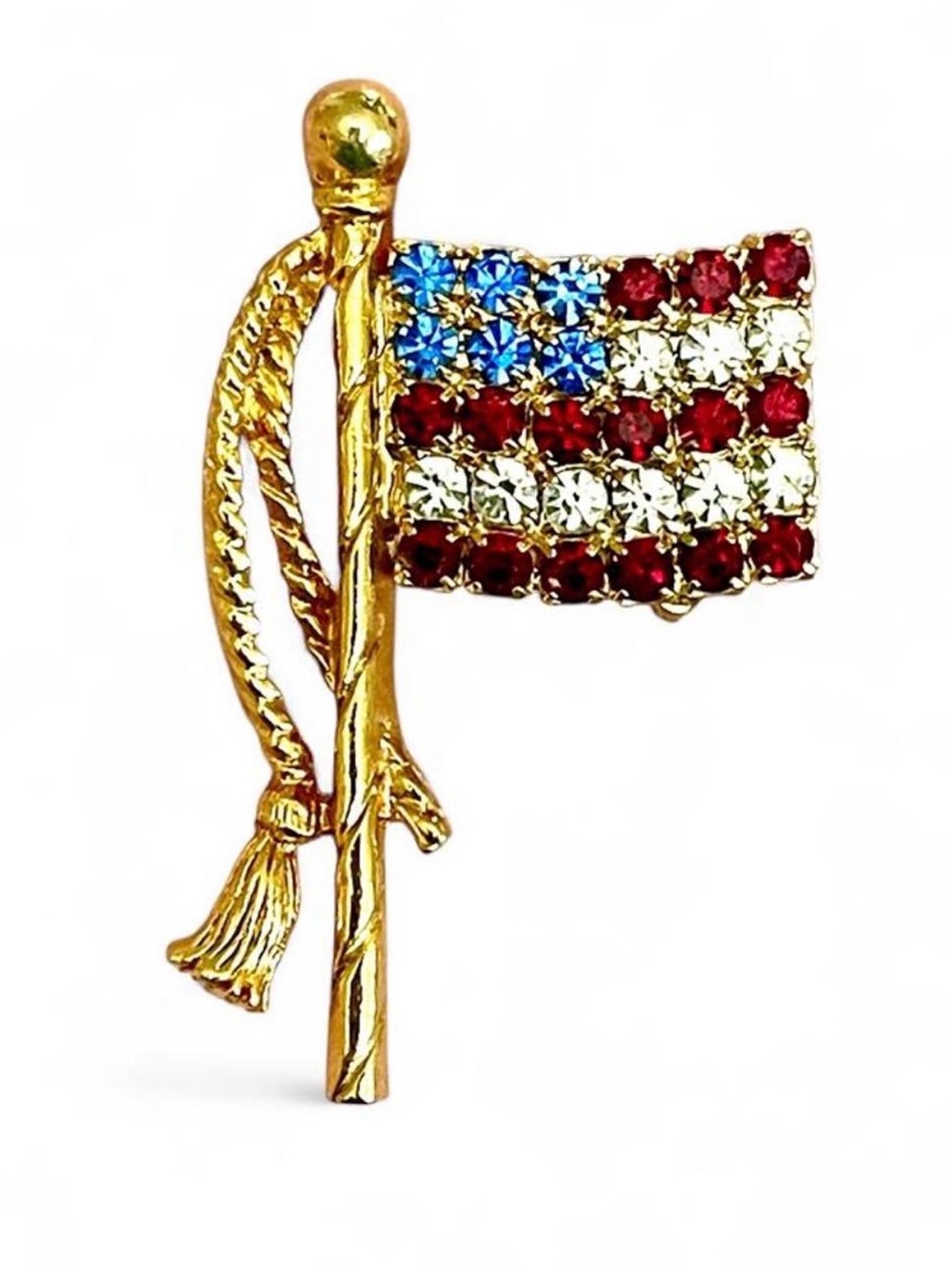 Vintage 1970s American Flag Rhinestone Brooch Pin Gold Red White Blue Patriotic